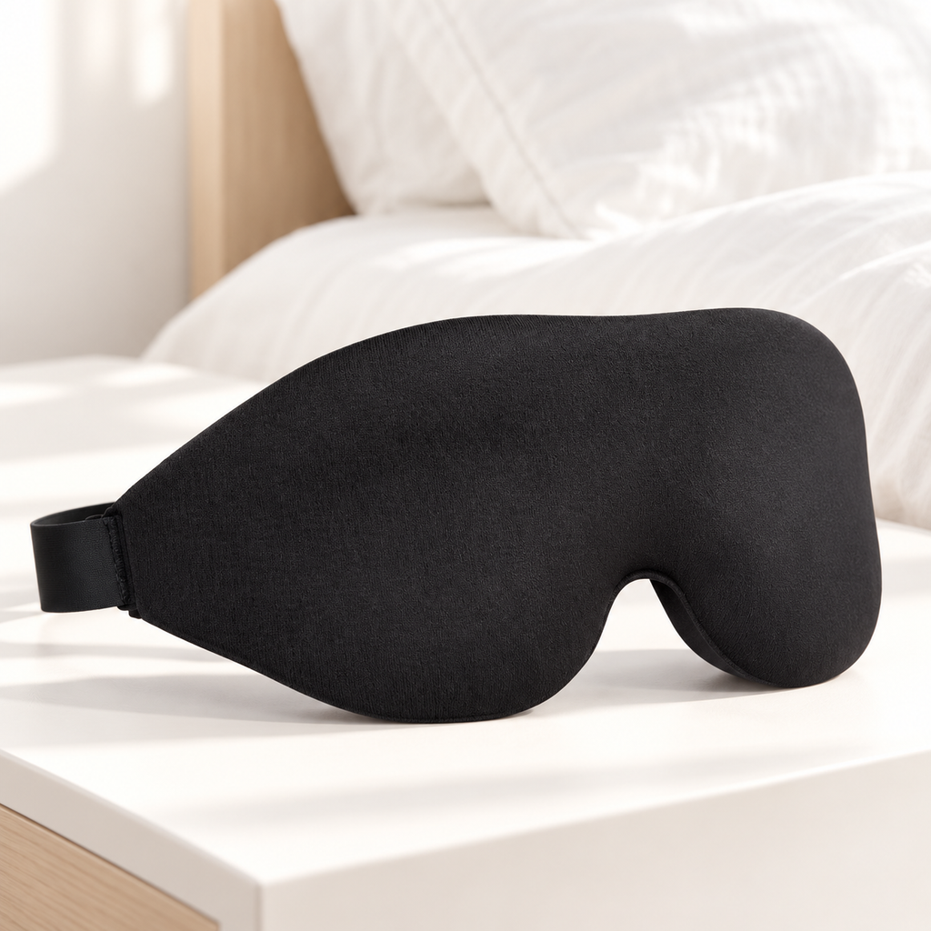 Masque de sommeil 3D noir MOLLA Paris posé sur une table de nuit blanche