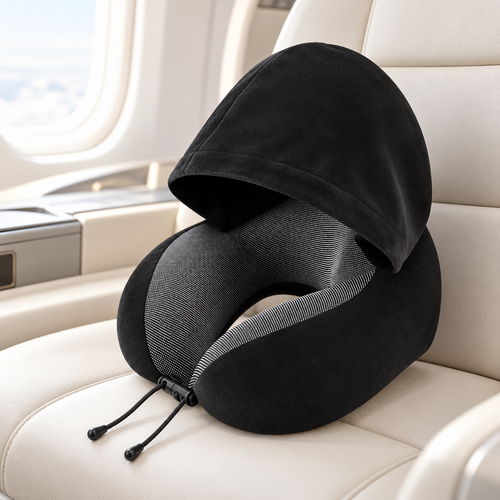 Voyageur endormi en avion avec l'oreiller de voyage à capuche MOLLA Paris