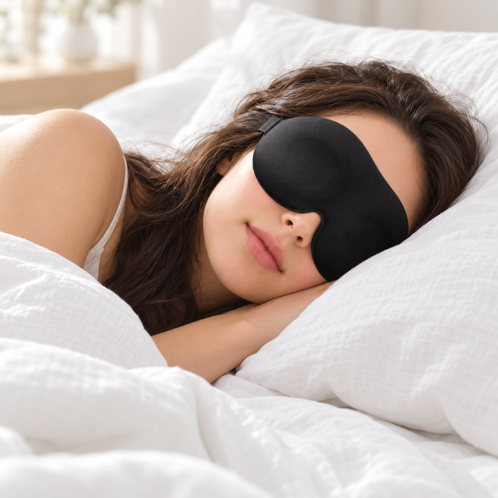 Personne endormie avec le masque de sommeil 3D noir MOLLA Paris