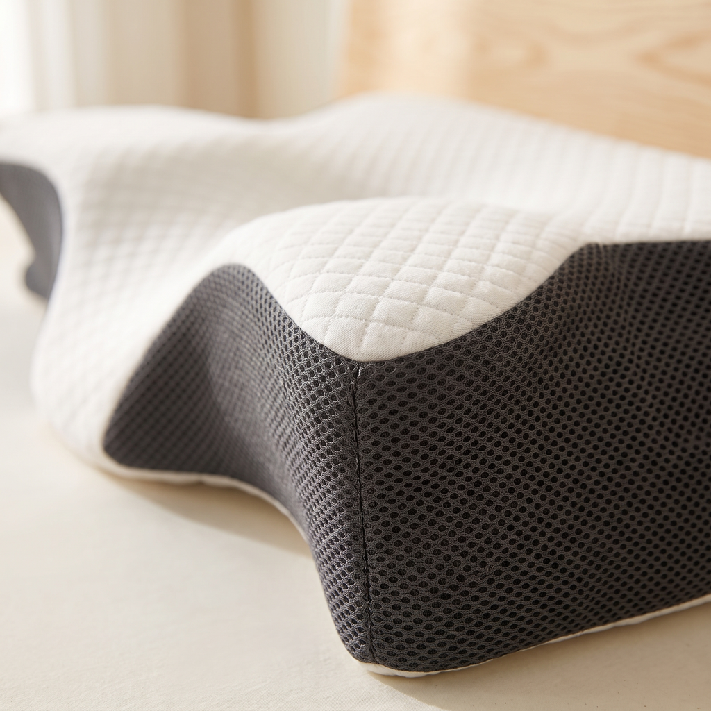 Gros plan sur la housse matelassée et la maille respirante de l'Oreiller Papillon