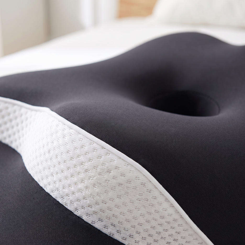 Gros plan sur la mousse et la bordure respirante de l'Oreiller Ergonomique Réglable